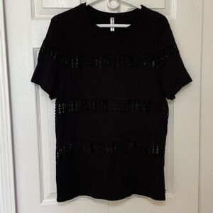 Fabletics Black Short Sleeve T with stripes of solid and see through material